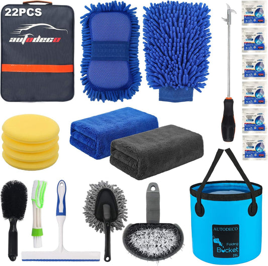 AUTODECO 22Pcs Car Wash Cleaning Tools Kit Car Detailing Set with Blue Canvas Bag Collapsible Bucket Wash Mitt Sponge Towels Tire Brush Window