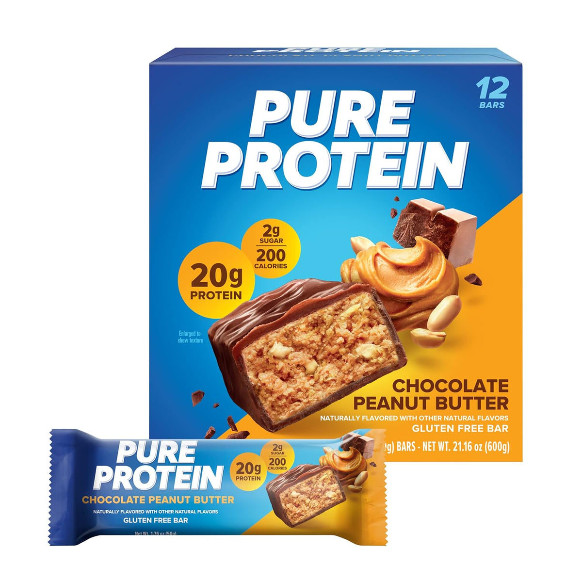 Pure Protein Chocolate Peanut Butter Protein Bars – 20g Protein, 3g Sugar, 190 Calories (12 count) Low Sugar* High Protein Snack - Gluten Free
