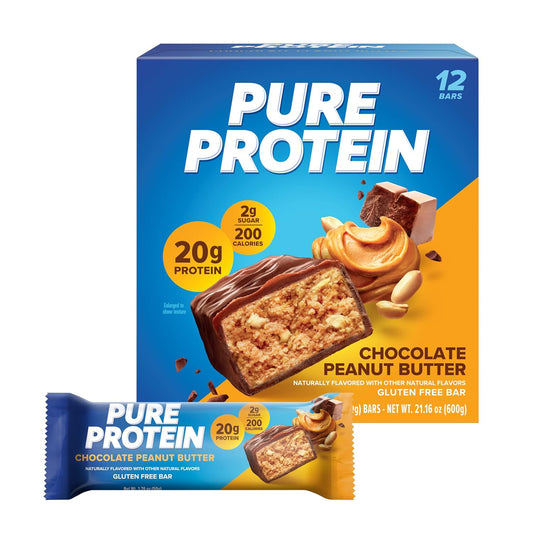 Pure Protein Chocolate Peanut Butter Protein Bars – 20g Protein, 3g Sugar, 190 Calories (12 count) Low Sugar* High Protein Snack - Gluten Free