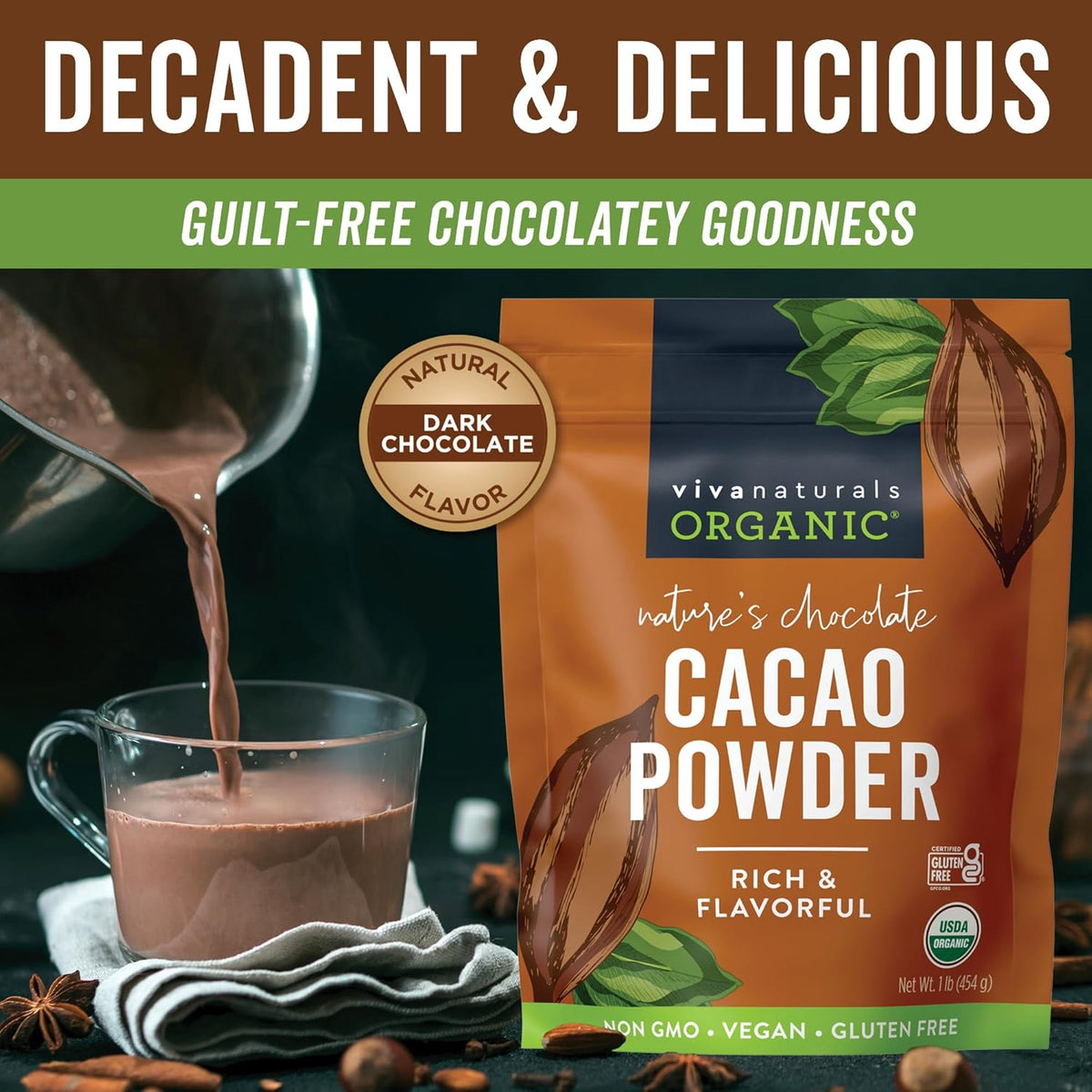 Organic Cacao Powder, Unsweetened, 1 lb (454 g) – Rich Dark Chocolate Flavor, Perfect for Baking, Smoothies & Hot Chocolate – Vegan, Keto, Paleo