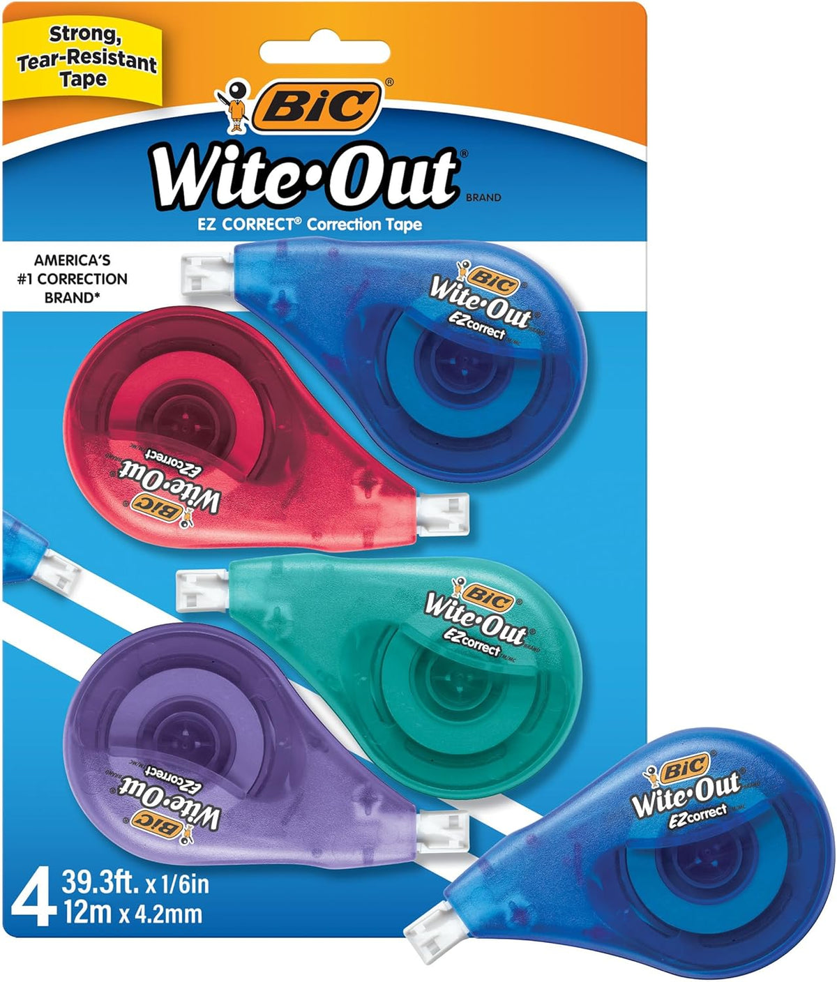 BIC Wite-Out Brand EZ Correct Correction Tape, 19.8 Feet, 4-Count Pack of White Correction Tape, Fast, Clean and Easy to Use Tear-Resistant Tape