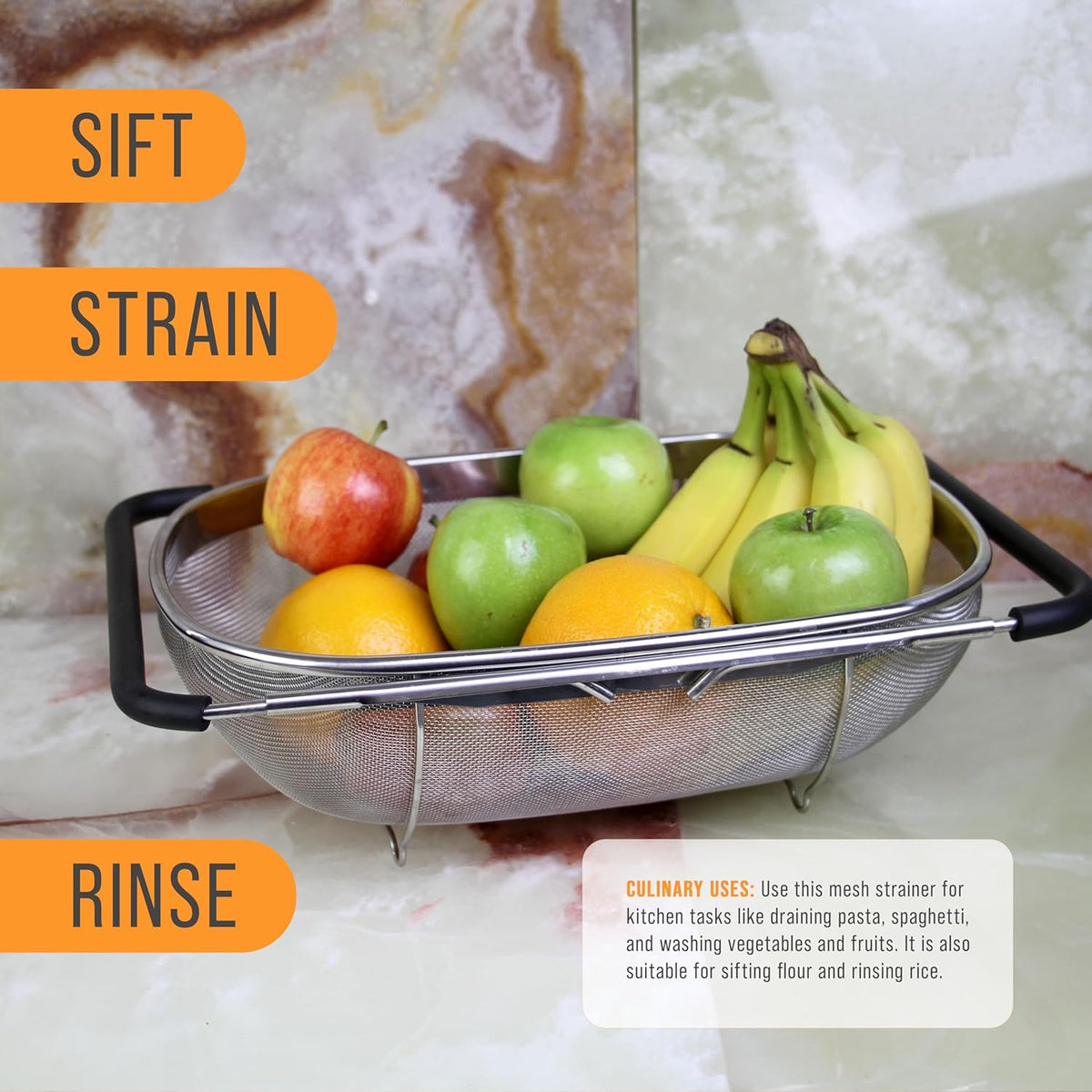 U.S. Kitchen Supply Stainless Steel Colander Strainer - 6-Quart Collapsible Colander with Expandable Rubber Handles - Rectangular Sieve, Fine Mesh