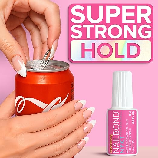 Super Strong Nail Glue for Press On Nails, Nail Tips & Acrylic Nails (8ml) NYK1 NailBond Brush On Glue for Press Ons, Tips & Acrylics - Long Lasting
