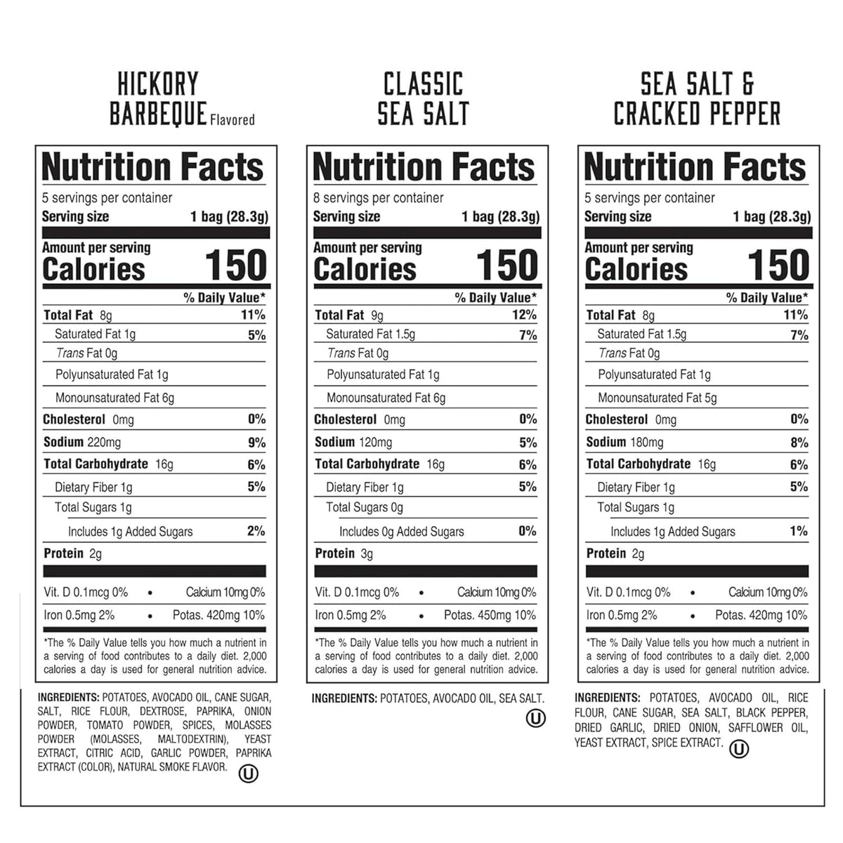 Boulder Canyon Avocado Oil Kettle Style Potato Chips Variety Pack, 18 Count - Gluten-Free, Non-GMO, Hickory Barbecue, Classic Sea Salt, Sea Salt