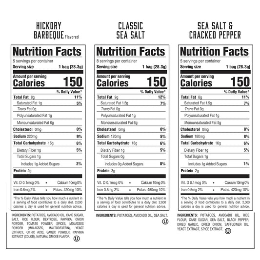 Boulder Canyon Avocado Oil Kettle Style Potato Chips Variety Pack, 18 Count - Gluten-Free, Non-GMO, Hickory Barbecue, Classic Sea Salt, Sea Salt