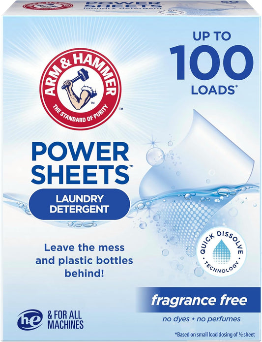 ARM & HAMMER Power Sheets Laundry Detergent, Fragrance Free, Dermatologist Tested Concentrated Laundry Detergent Sheets, 50 Count, up to 100 Small