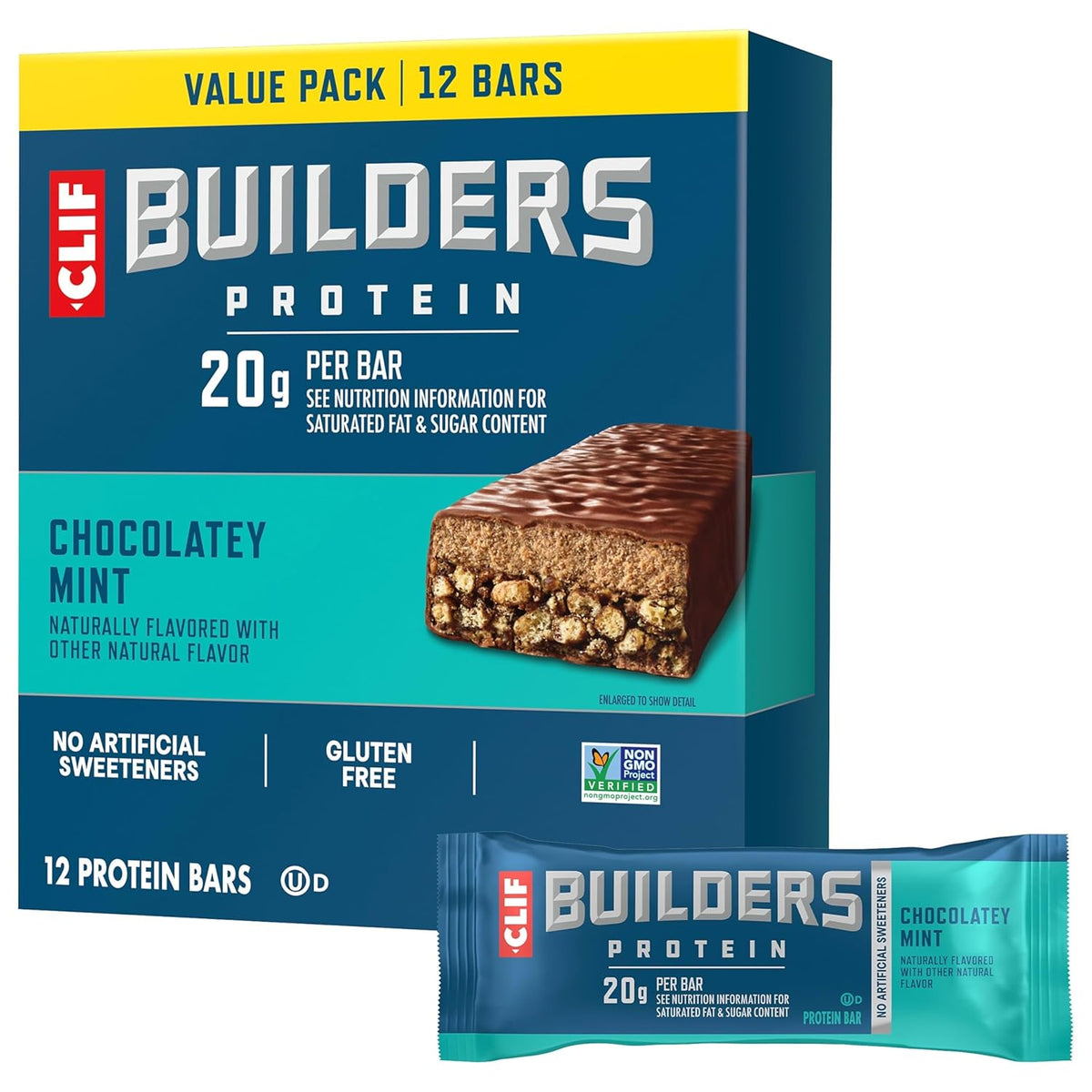 CLIF BUILDERS Protein Bars - Chocolatey Mint - 20g Plant Based Protein - Gluten Free - Non-GMO - Low Glycemic - No Artificial Sweeteners - 2.4 oz