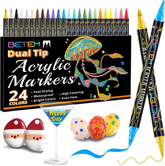 Betem Acrylic Paint Markers, Dual Tip 24 Colors Acrylic Paint Pens with Brush Tip and Fine Point, Art Supplies for Rock, Wood, Canvas, Stone, Glass