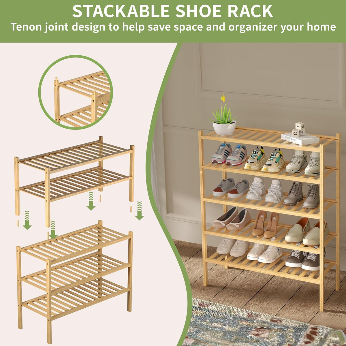 3-Tier Bamboo Shoe Rack Organizer for Entryway & Closet – Stackable Freestanding Shoe Shelf, Eco-Friendly