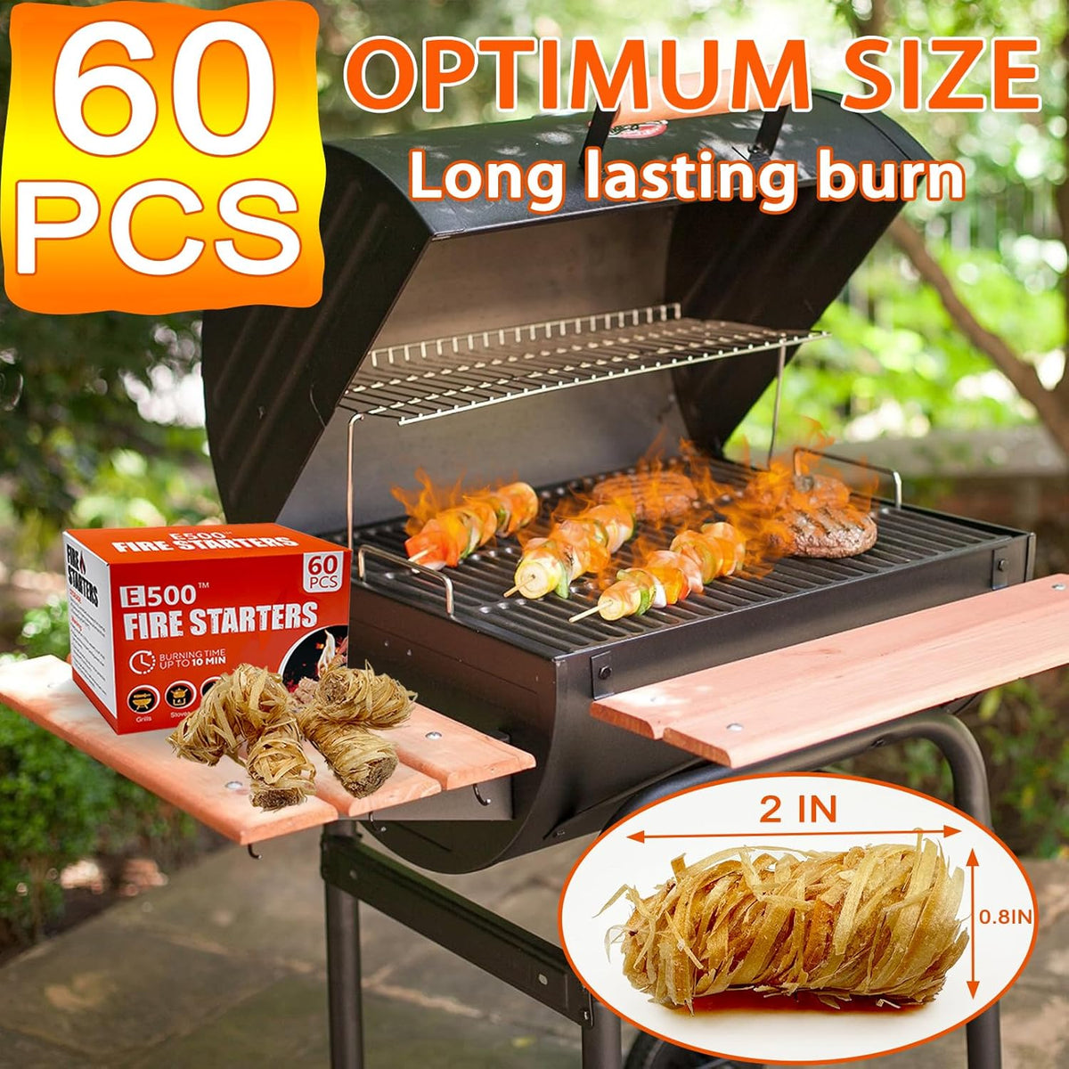 E500 Fire Starter - Natural Fire Starters for Fireplace, Campfires, Chimney, BBQ, Fire Pit & Wood Fireplace - 60 Pack Odorless Pine Firestarter