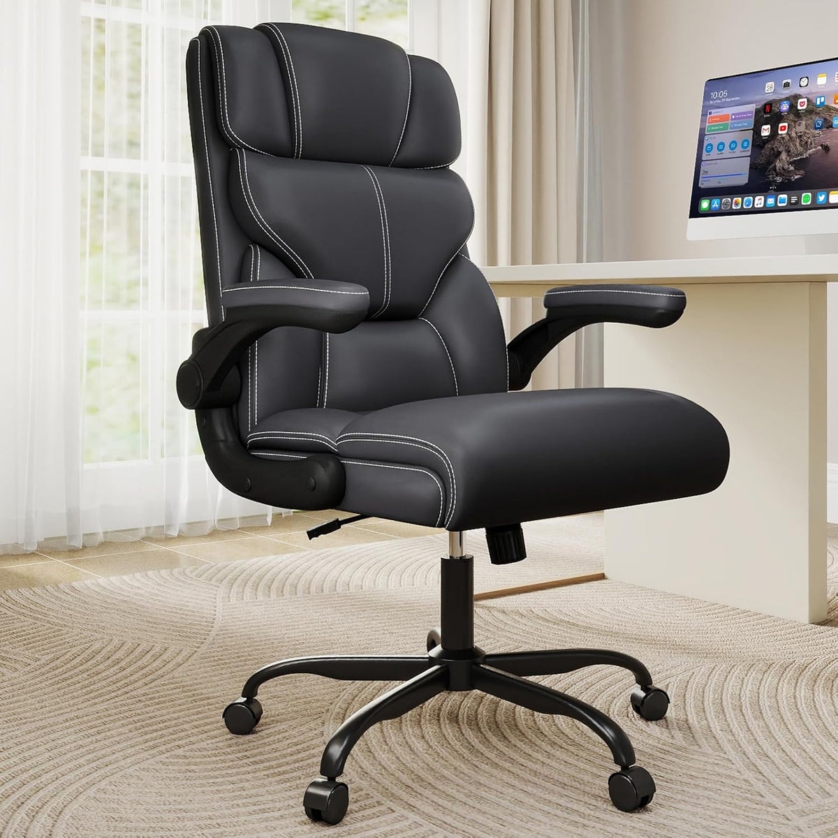 Executive Office Chair with Flip-up Armrests,Ergonomic Computer Desk Chairs,Mid-Tall Back Leather Office Chair 400 Lbs,Lumbar Support Swivel PC Chair