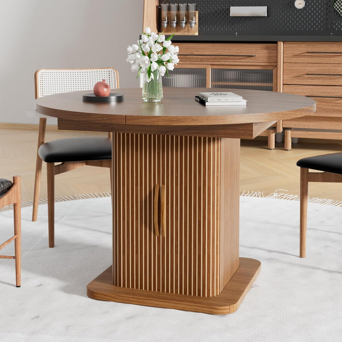 Extendable Round Dining Table for 4-6-8, 59 Inch Dining Room Kitchen Table with Storage, Fluted Wood Slide Door, Modern Oval Circle Dinner Furniture