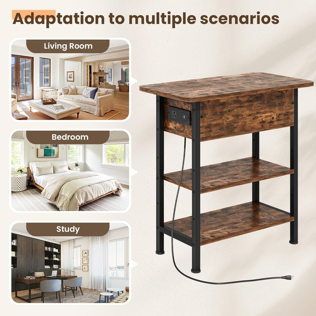 End Table with Charging Station, Flip Top Side Table with USB Ports and Outlets, 3-Tier Small Side Table with Storage for Small Space, End Tables for