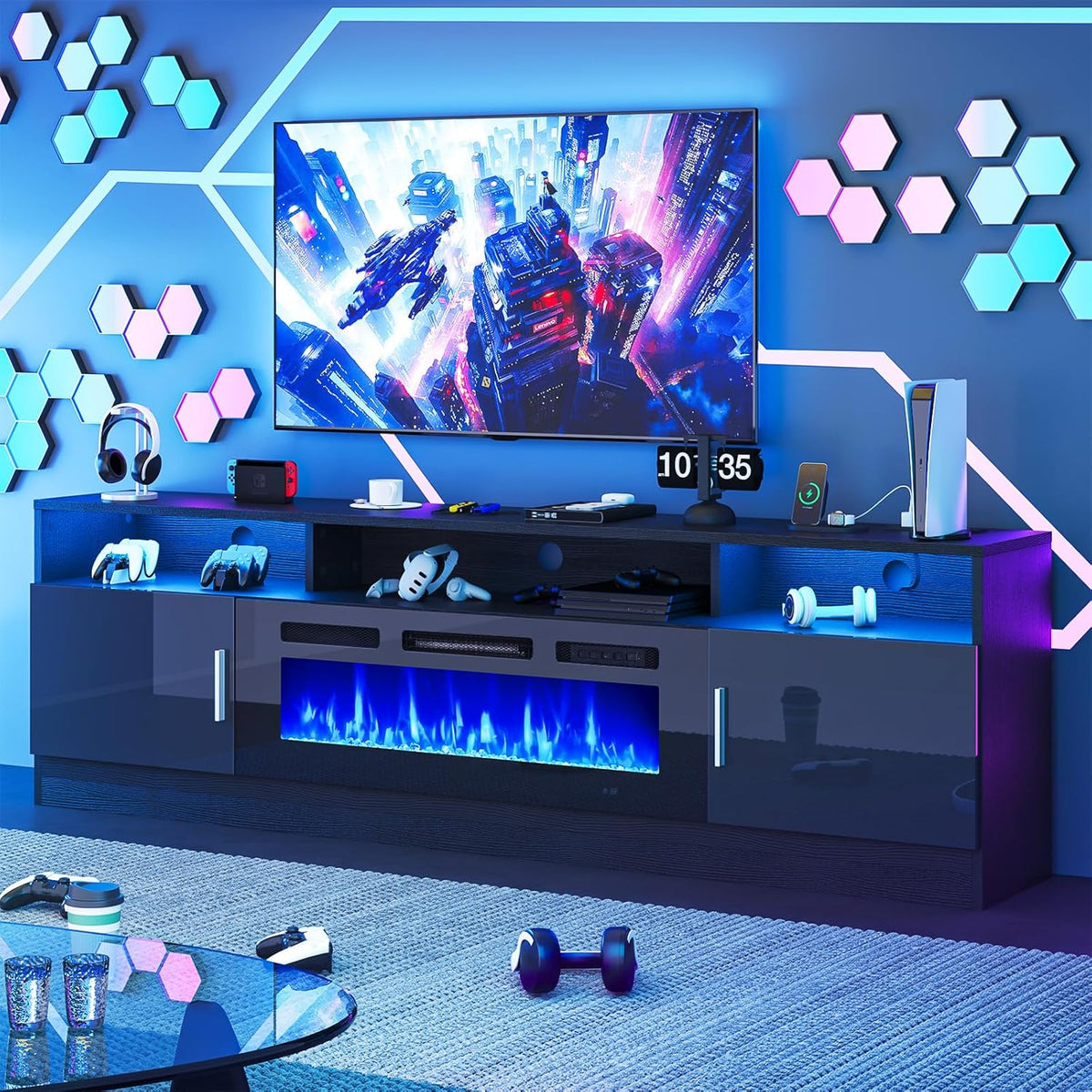 oneinmil 70" Fireplace TV Stand with Power Outlet for TVs Up to 80", Electric Fireplace Entertainment Center with LED Lights & Storage Cabinets