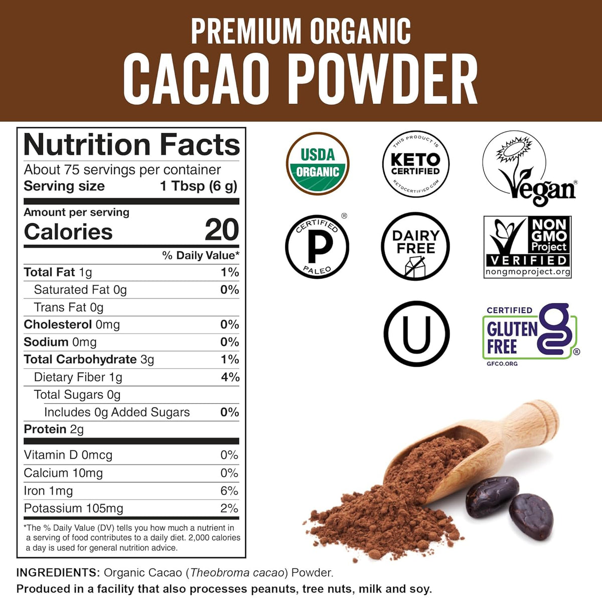 Organic Cacao Powder, Unsweetened, 1 lb (454 g) – Rich Dark Chocolate Flavor, Perfect for Baking, Smoothies & Hot Chocolate – Vegan, Keto, Paleo