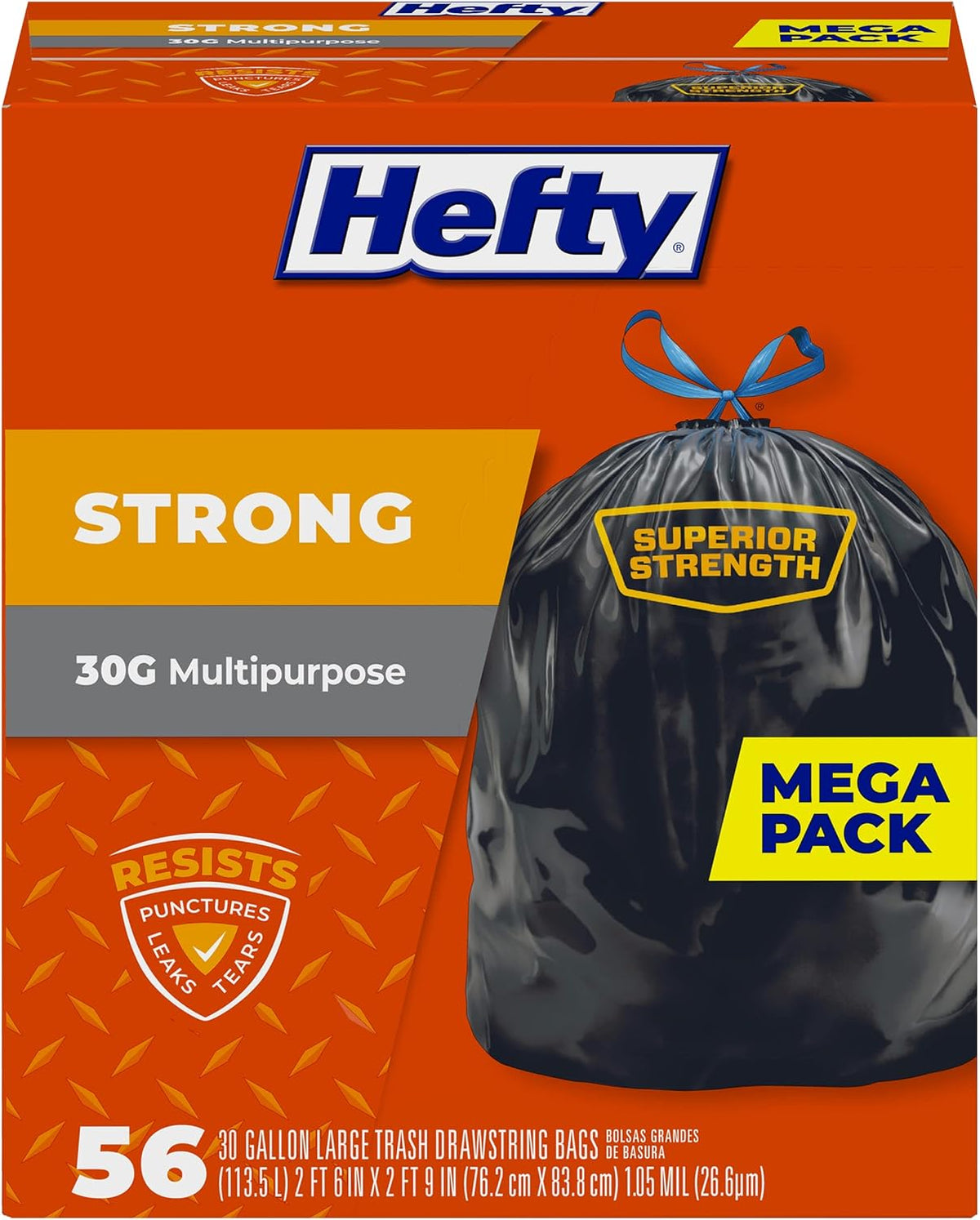 Hefty Strong 30 Gallon Trash Bags, Large Trash Bags 30 Gallon Size, Durable Drawstring Enclosure, Resists Punctures, Leaks, and Tears, Black