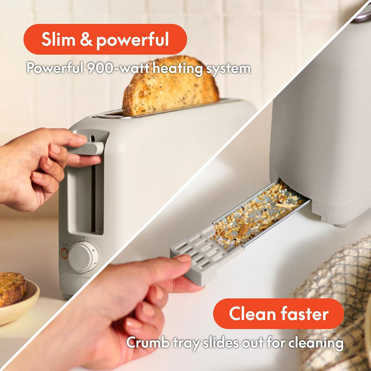 bella 2 Slice Slim Toaster, Fits-anywhere™ Kitchenware, 6 Setting Shade Control with Reheat & Cancel Buttons, Fits sourdough, 10” Long Slot, Anti Jam