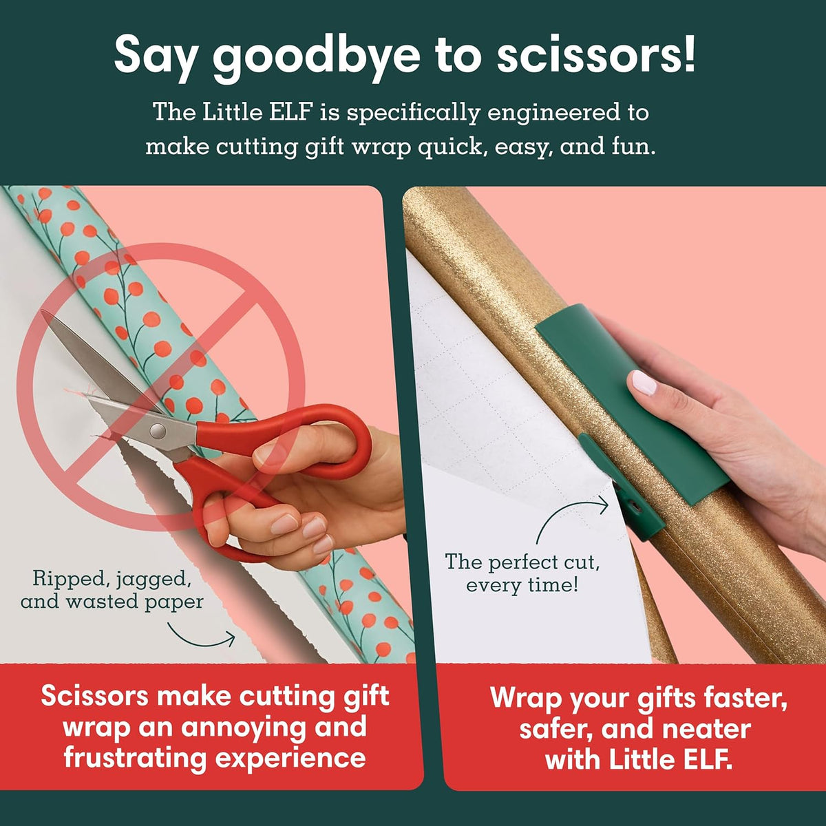Little ELF Wrapping Paper Cutter (2-Pack) | Made in USA | Green | Holiday Gift Wrap Paper Roll Holder and Cutter