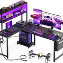 AODK L Shaped Desk Gaming Desk with LED Light & Power Outlet, 53 Inch Reversible L Shaped Computer Table with Shelf & Storage Bag & Hook for Home