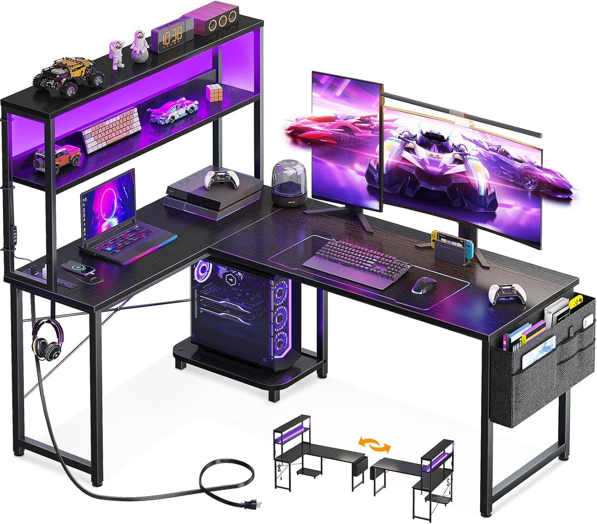AODK L Shaped Desk Gaming Desk with LED Light & Power Outlet, 53 Inch Reversible L Shaped Computer Table with Shelf & Storage Bag & Hook for Home