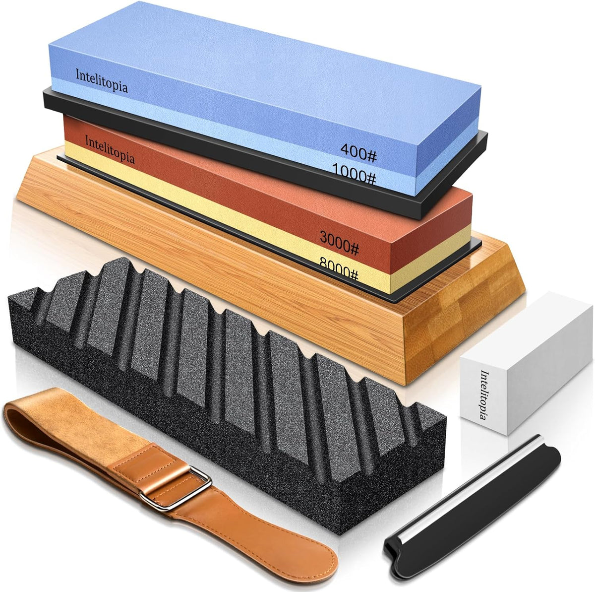 Intelitopia Complete Knife Sharpening Stone Set – Dual Grit Whetstone 400/1000 3000/8000 Knife Sharpener with Leather Strop, Flattening Stone, Bamboo