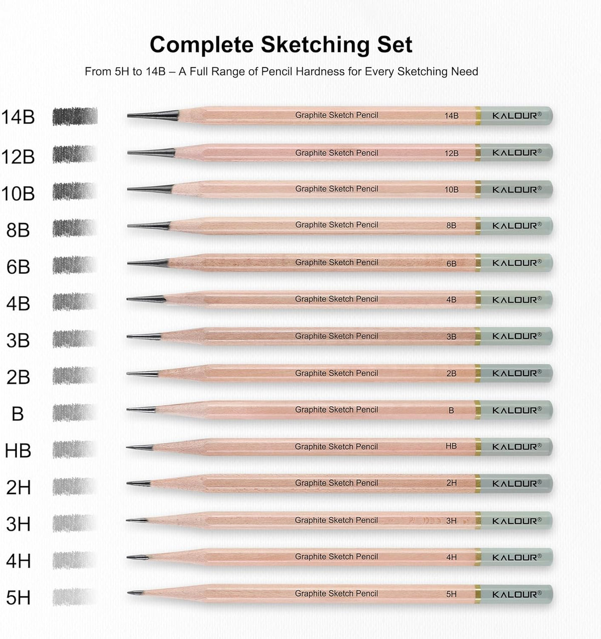 KALOUR 18-Piece Professional Sketch Pencil Set - Includes 5H to 14B Pencils, Vinyl Eraser, Kneaded Eraser,Sharpener and Paper Blending Stump - Ideal