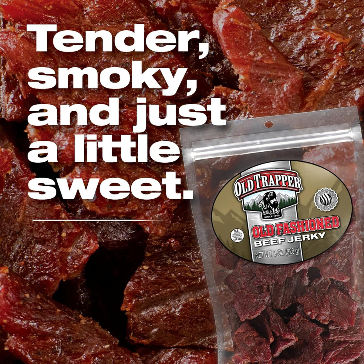 Old Trapper Beef Jerky, Old-Fashioned 8 Ounce Bag, Tender Meat Snacks for Lunches or Between Meals, 11 Grams of Protein, Zero Grams of Fat, and 70