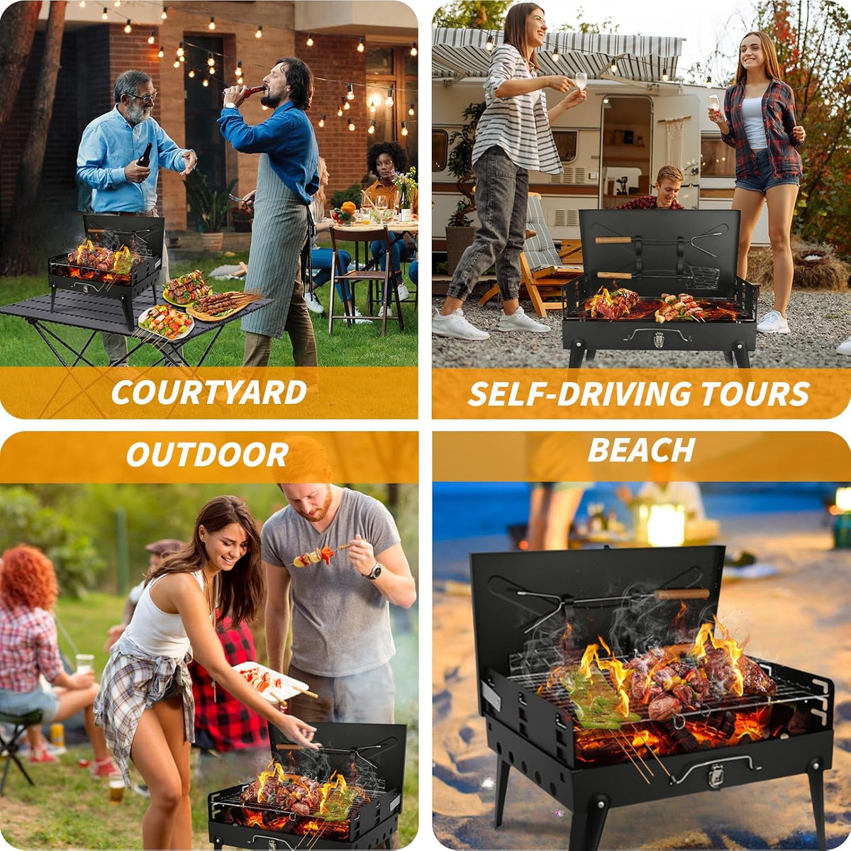 Portable Charcoal Grill Foldable BBQ Grill Kit - Compact Camping Grill for Outdoor BBQ, Cooking, Picnics, Beach, Backyard - Barbecue Accessories with