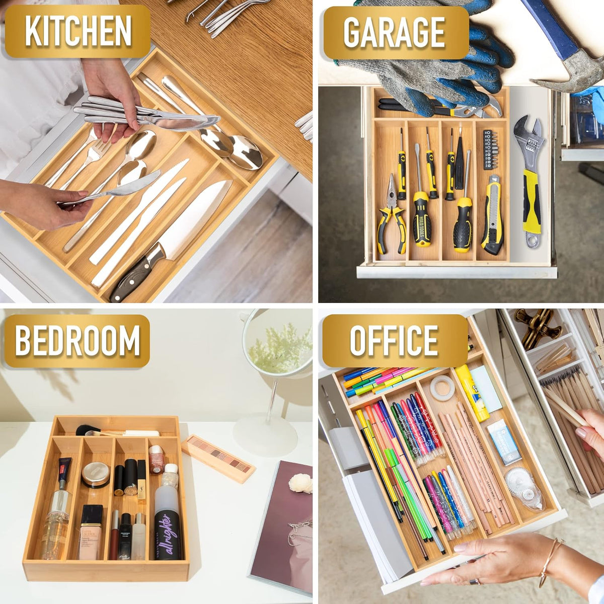 Silverware Organizer Kitchen Drawer Organizer Utensil Organizer Bamboo Silverware Holder Cutlery Organizer in Drawer Flatware Organizer Tray(5 slots