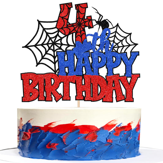 1 PCS Happy 4th Birthday Cake Topper Glitter Spider Web Cheers to 4 Years Four Birthday Cake Pick Superhero Spider Party Decorations for Boys Girls