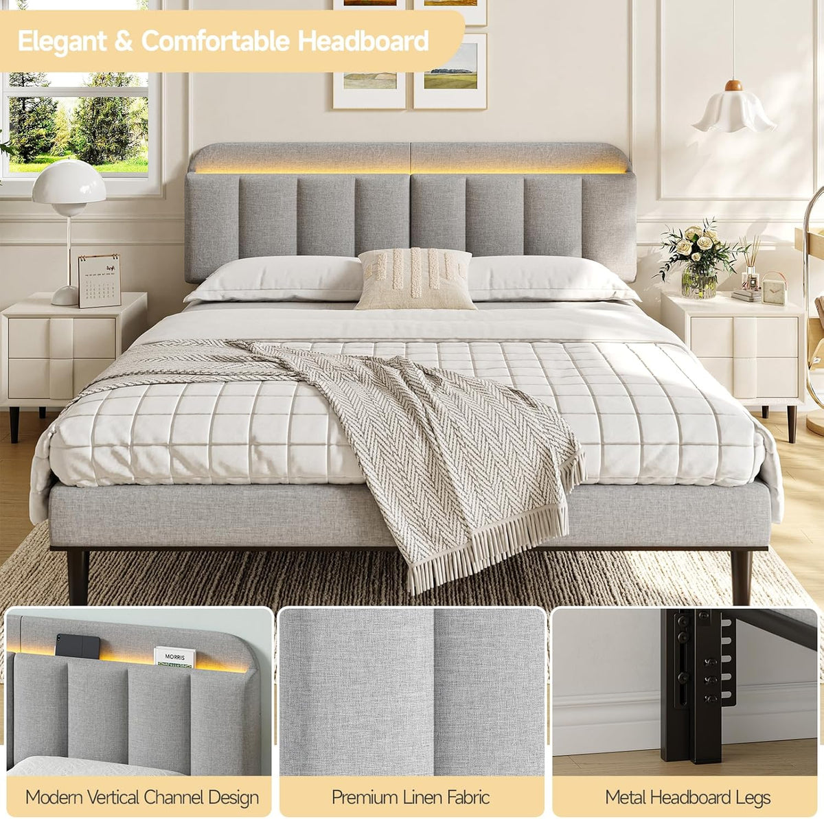 ONBRILL Adjustable Headboard for King/California King Size Bed Frame, Linen Fabric Bed Headboard with Storage & RGB LED Light in Modern Vertical