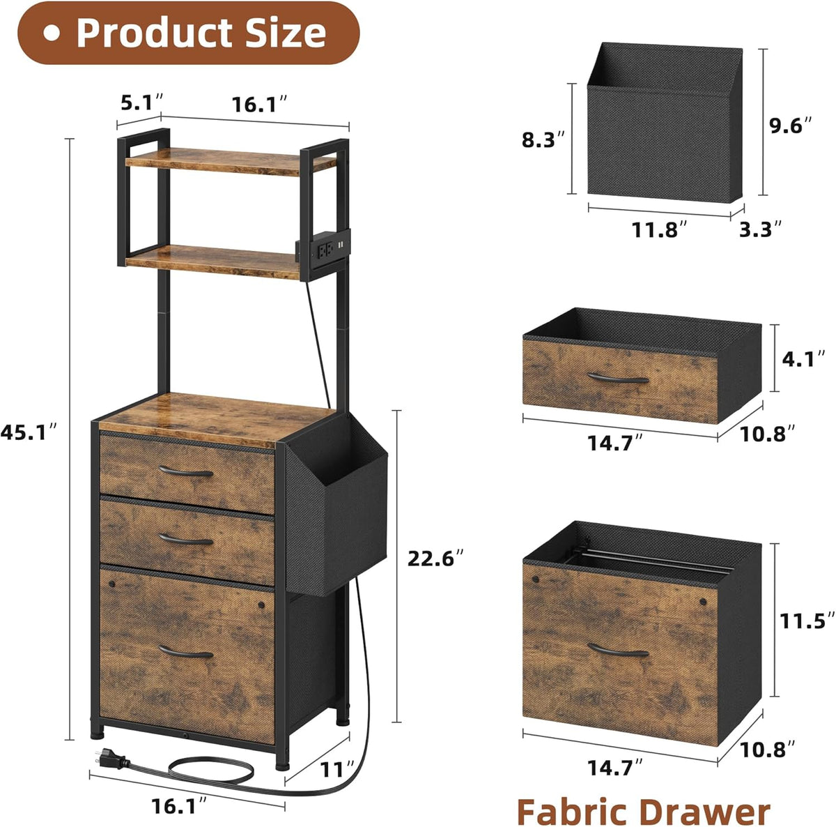Small 3 Drawer File Cabinet with Charging Station, 45''H, 3-Tier Filing Cabinet for Home Office, 11''*16'' for Small Printer, Fabric Drawer Fits