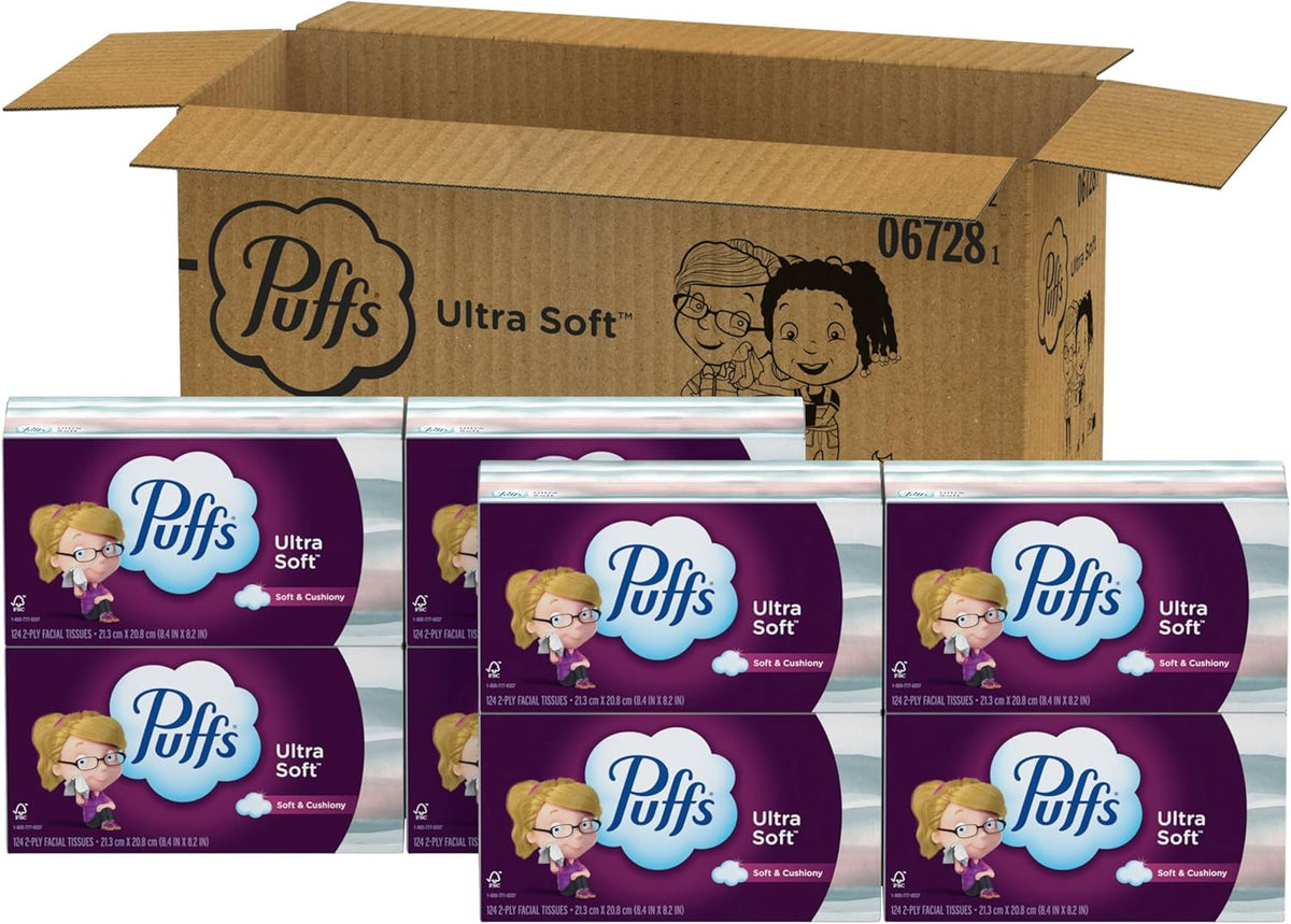Puffs Ultra Soft Non-Lotion Facial Tissue, 8 Family Boxes, 124 Facial Tissues per Box