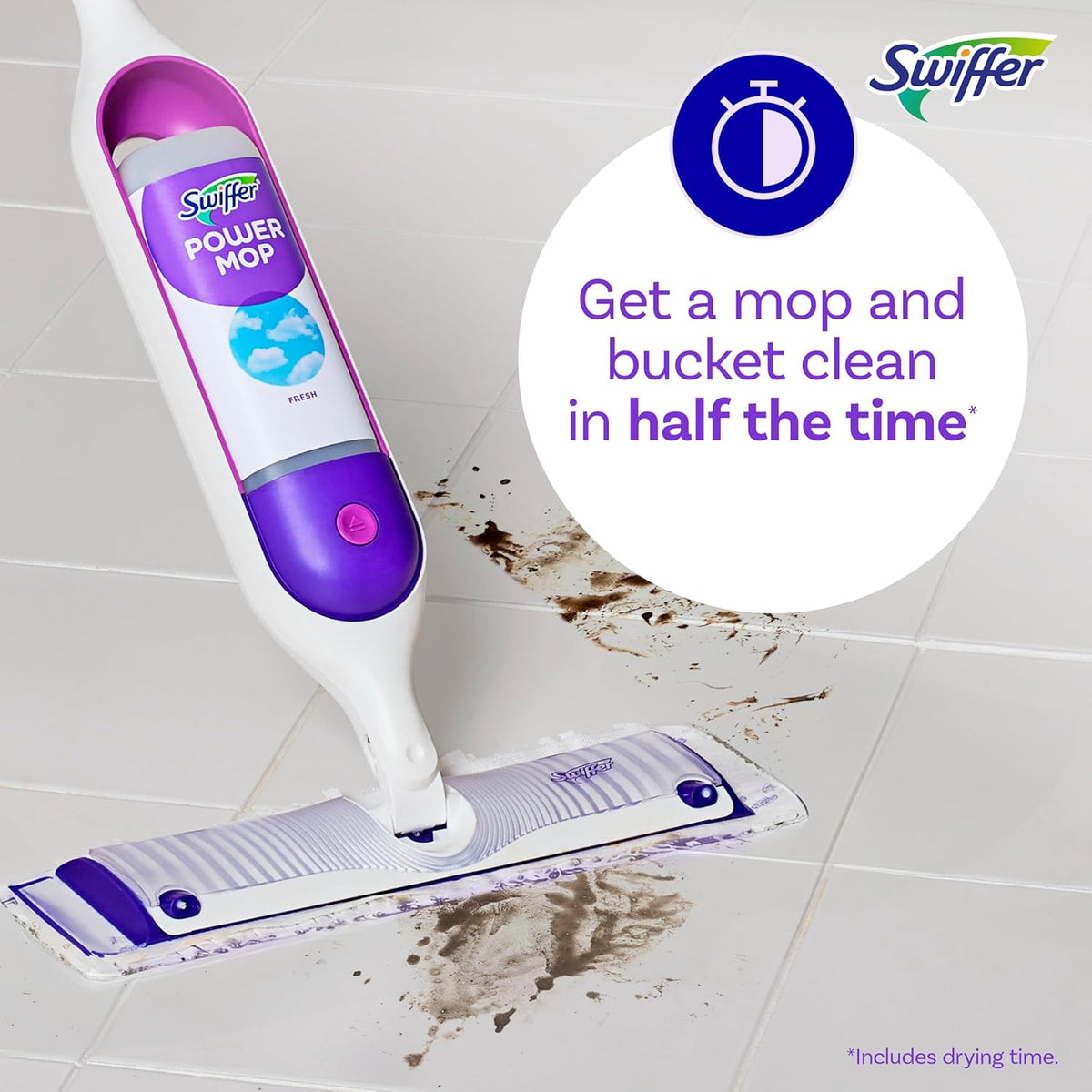 Swiffer PowerMop Multi-Surface Mop Kit for Floor Cleaning, Includes PowerMop, 2 Mopping Pad Refills, 1 Cleaning Solution with Fresh Scent and 2