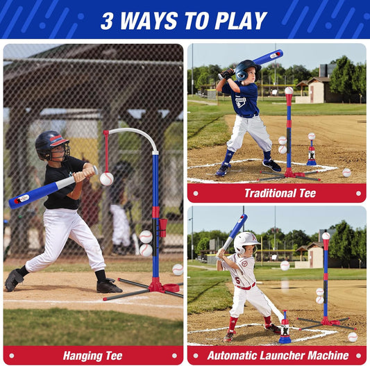 3-in-1 Baseball Set for Kids 3-5 - Tee Ball Stand, Hanging Tee, Ball Launcher and 6 Softballs - Adjustable Height, Indoor/Outdoor Sport Gifts for