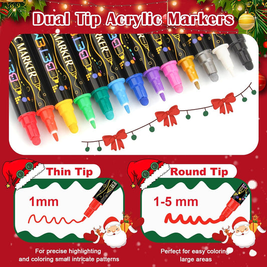 Betem 24 Colors Dual Tip Acrylic Paint Pens Markers, Premium Acrylic Paint Markers Stocking Stuffers for Rock, Wood, Fabric, Glass, Canvas, Ceramic