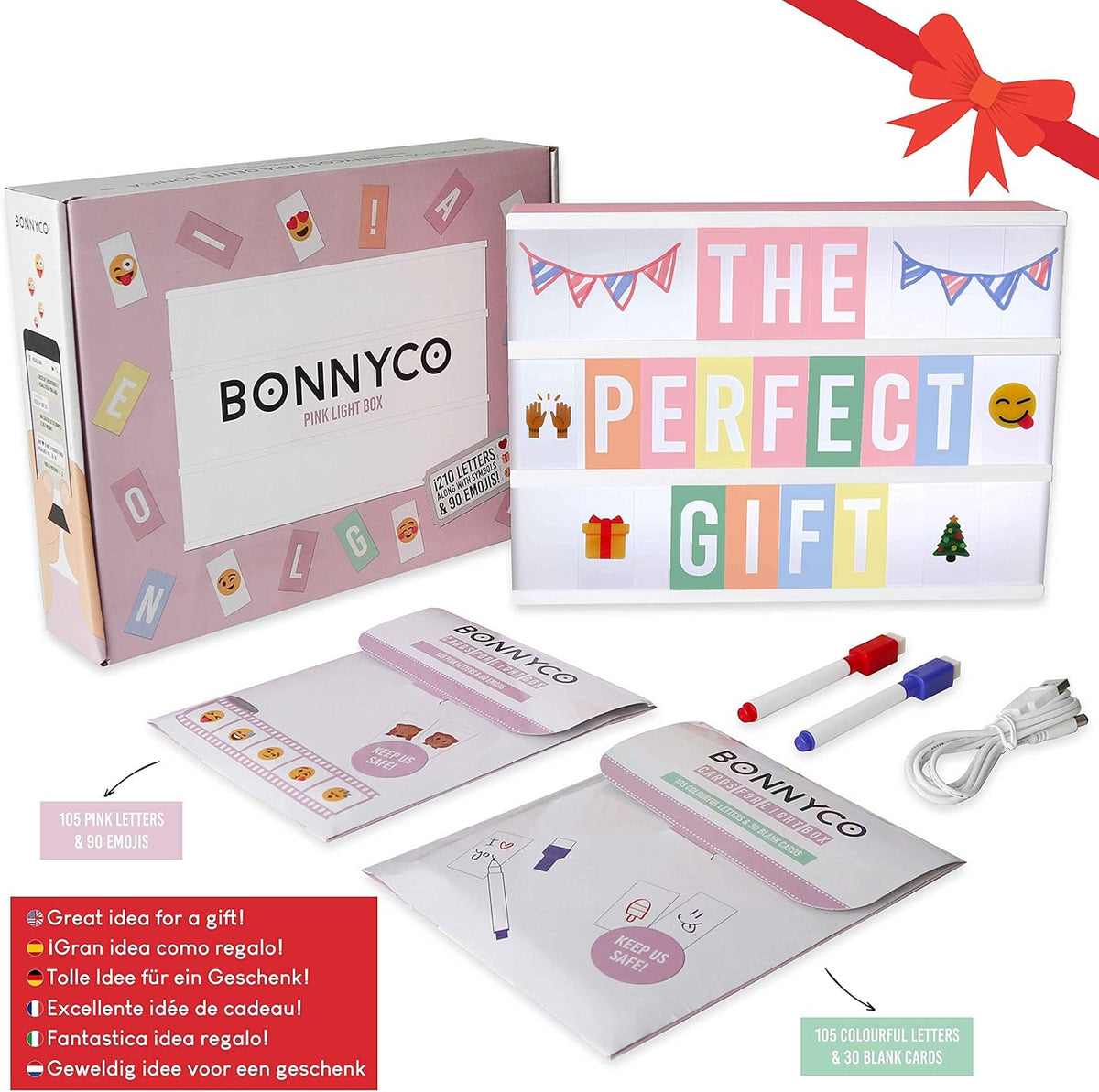 BONNYCO Pink Cinema Light Box with 400 Letters, Emojis, 2 Markers. Led Light Box Home Office and Room Decor, Cinema Led Sign Letters Board. Gifts
