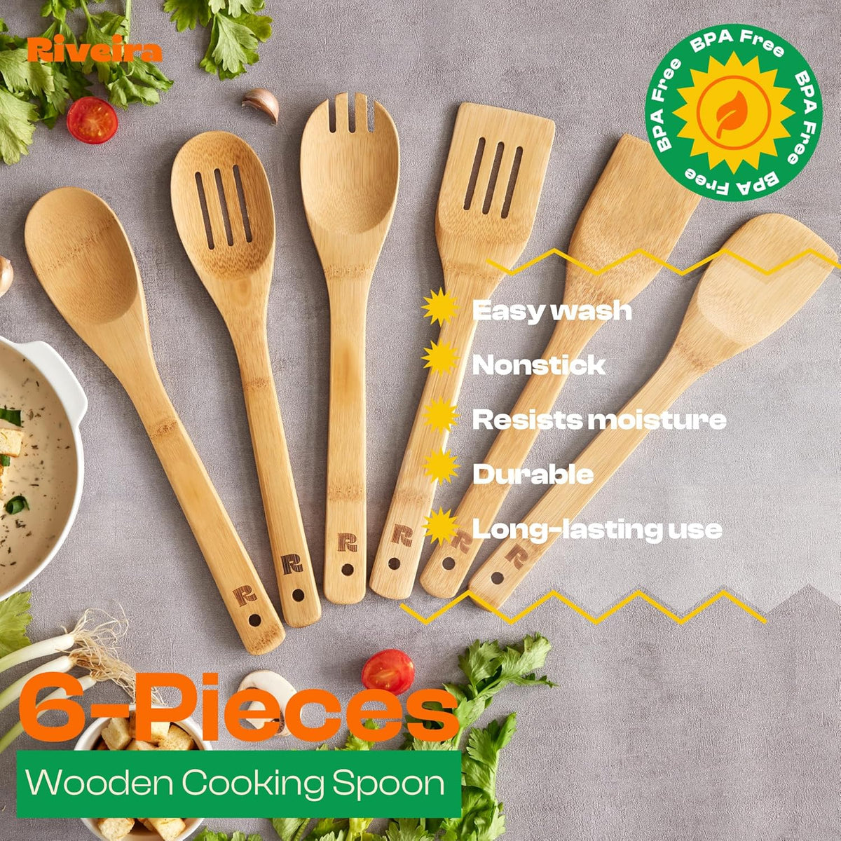 Riveira Bamboo Cooking Spoons 6-Piece – Wooden Cooking Utensils Set with Wooden Spoons for Cooking & Spatulas Wooden Utensil Sets – Premium Kitchen