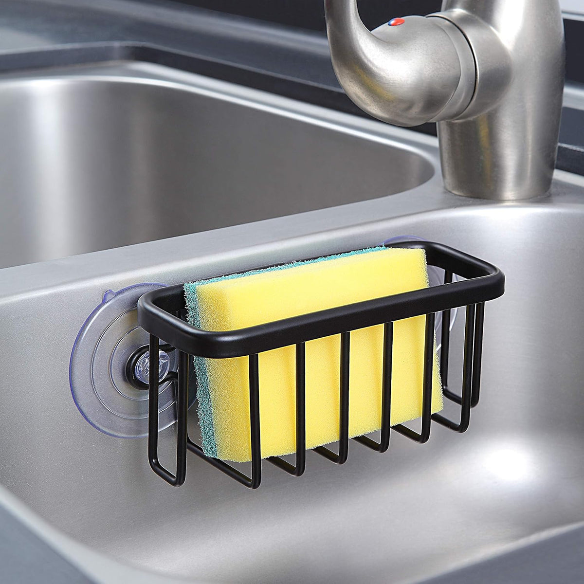 SunnyPoint NeverRust Kitchen & Bathroom Sink Caddy for Sponges, Scrubbers, Soap, 6" x 2.5" x 2.65", with Adhesive Mount - Additional Suction Cup