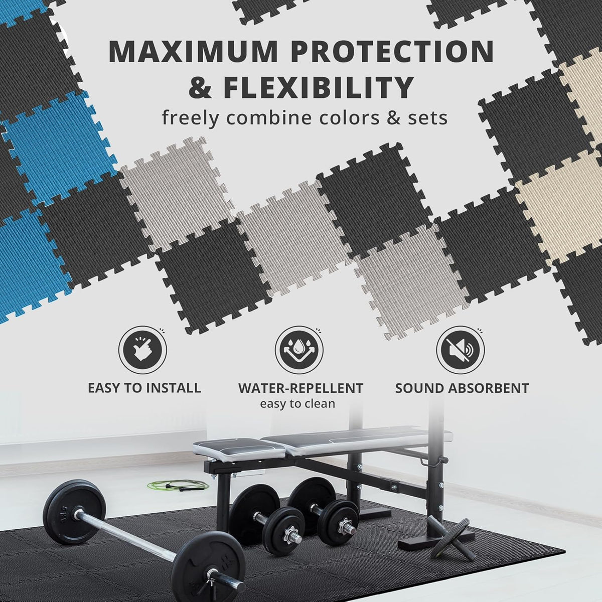 bemaxx Gym Mats Set - 18 pcs EVA Interlocking Foam Floor Tiles (12.6"x12.6"x0.4") 18sqft Protective Gym Flooring Sports Home Workout Exercise Mats