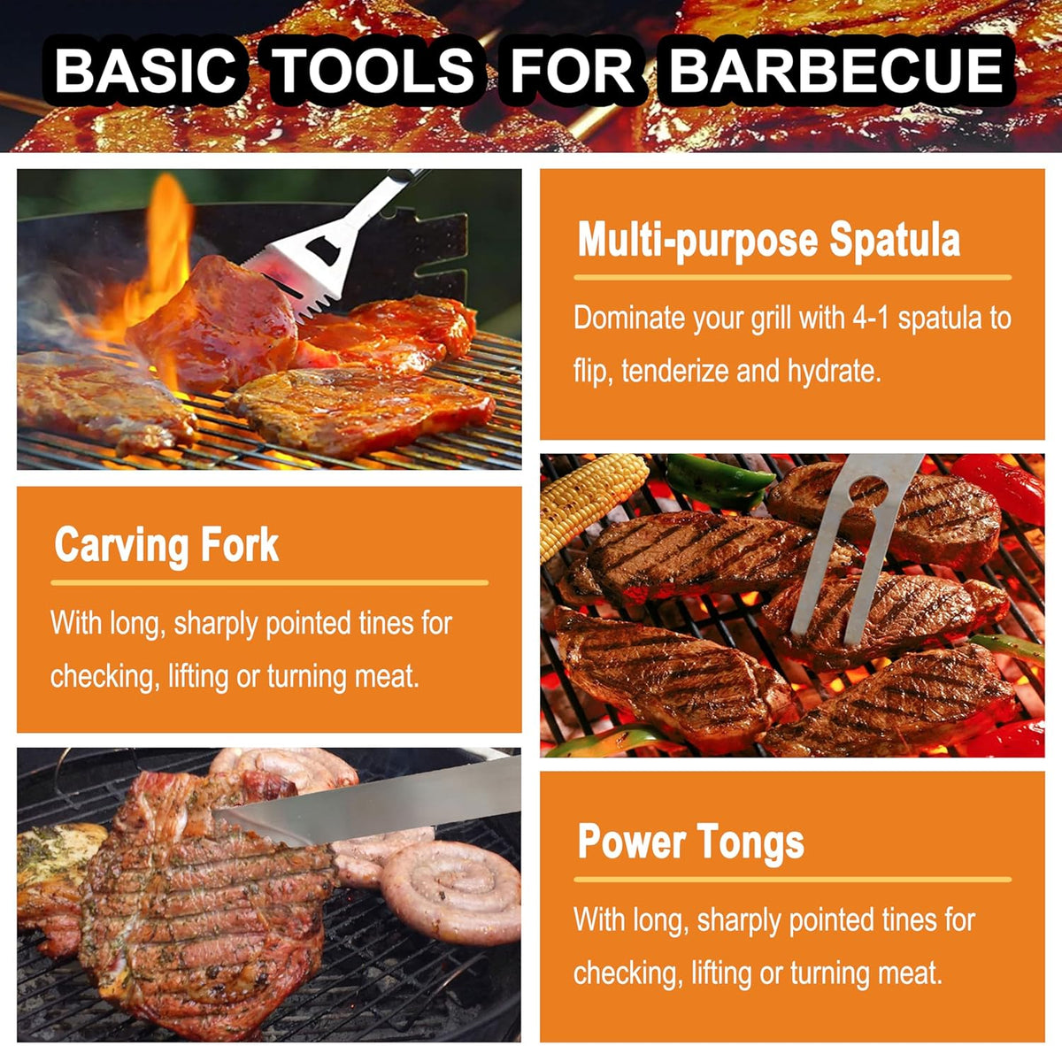 grilljoy 24PCS BBQ Grill Tools Set with Meat Thermometer and Injector - Extra Thick Stainless Steel Fork, Spatula& Tongs - Complete BBQ Accessories