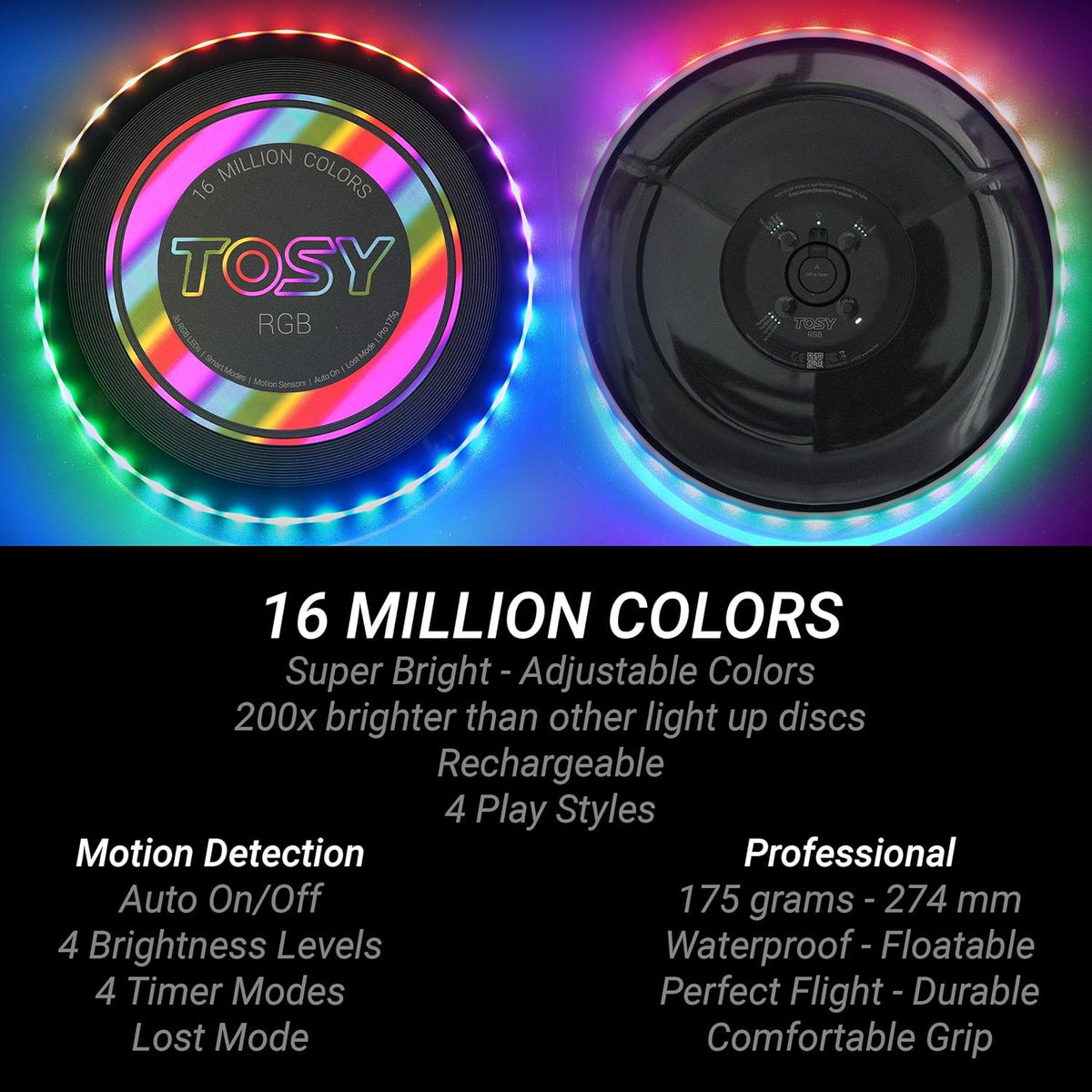 TOSY Flying Disc - 108 RGB Multicolor or 36 Monocolor LEDs, Super Bright, Smart Modes, Christmas Stocking Stuffers Gift, Camping Toy for