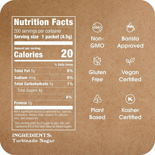 In The Raw Turbinado Cane Sugar Packets, 200 Ct Box, 1 Pack, Pure, All-Natural Turbinado Sugar, Non-GMO Project Verified, Kosher, Vegan and Gluten