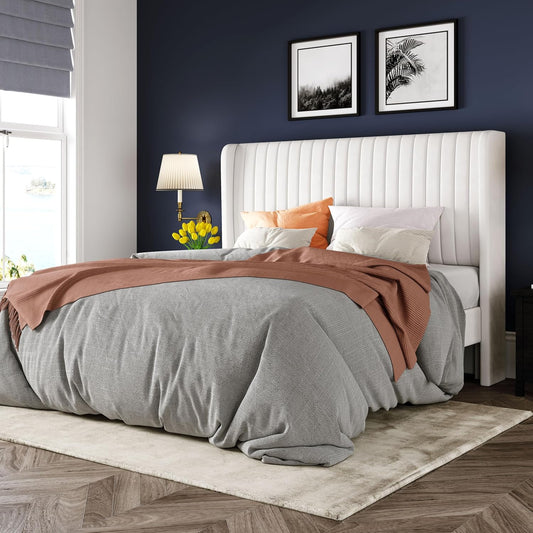 Allewie Full Size Velvet Bed Frame/Vertical Channel Tufted Wingback Headboard/Upholstered Platform Bed/Strong Wooden Slats/No Box Spring Needed/Easy
