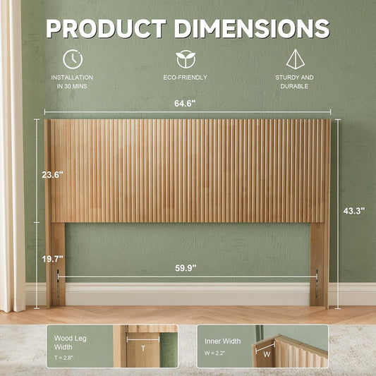 Wood Headboard Queen Size, 64.6" Wide Wooden Queen Headboard Only, Modern Farmhouse Headboards, Wall Mounted Fluted Panel, Wingback Boho Headboards