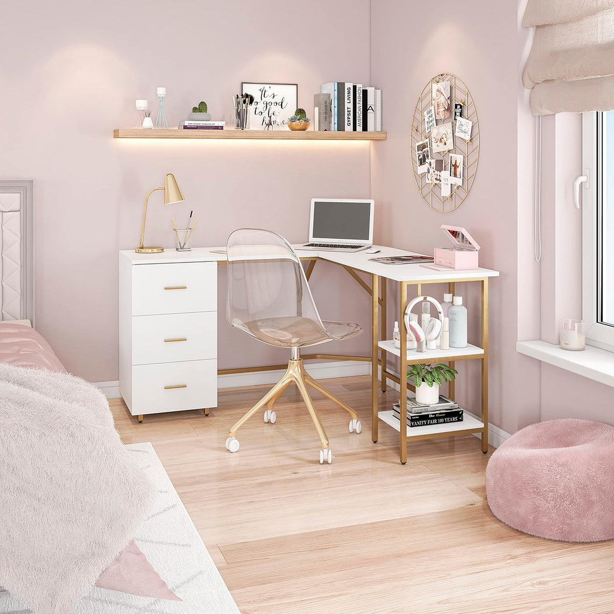 Techni Mobili L Shaped Desk - Two-Toned Computer Desk with Drawers & Storage Shelves - Simple Modern Furniture & Home Office Space Corner Table for