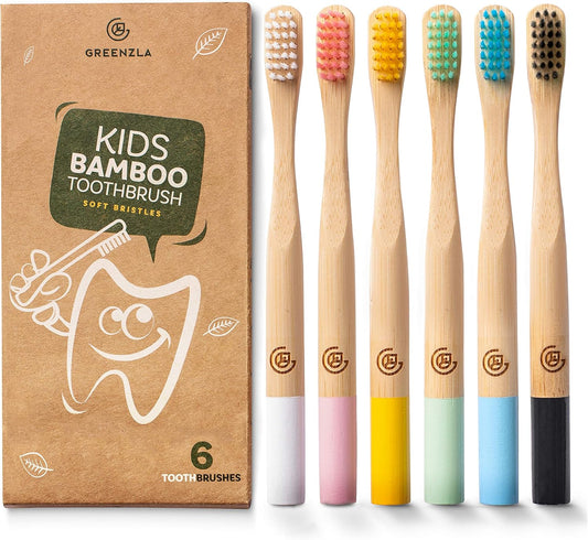 GREENZLA Kids Bamboo Toothbrushes, Natural Toothbrush Set, Soft Bristles, Durable Charcoal Wooden Brushes, Compostable Design for Toddlers