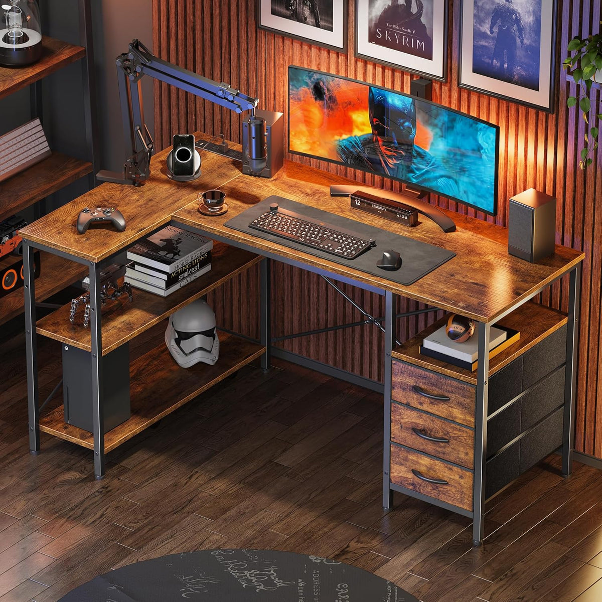 Huuger L Shaped Office Desk with Power Outlets, 47 Inch Computer Desk with 3 Drawers, Shelves, for Gaming, Corner Work, Home Office, Study, Rustic