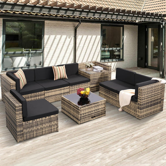 8 Pieces Outdoor Wicker Rattan Patio Furniture Sectional Set, Glass Top Table with Hidden Storage, 7 Sofa Sections, Oversized Cushions, Natural Color