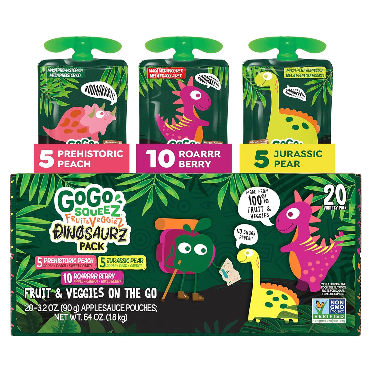 GoGo squeeZ Fruit & veggieZ Applesauce and Puree Variety Pack, Jurassic Pear, Roarrrr Berry & Prehistoric Peach, 3.2 oz (Pack of 20), Unsweetened